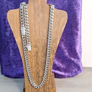 20" Thick Silver Chain Necklace W/ Matching Braclet & Luxury Rhinestone Clasp